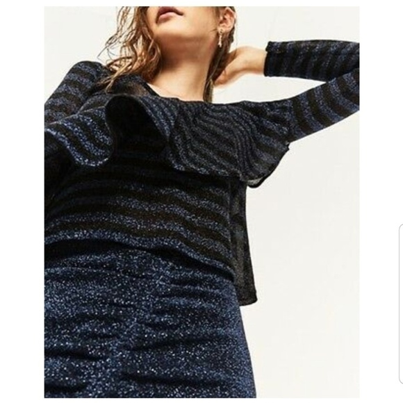 Zara Frill Metallic V-neck Stripe Sheer Blouse M - Picture 3 of 8